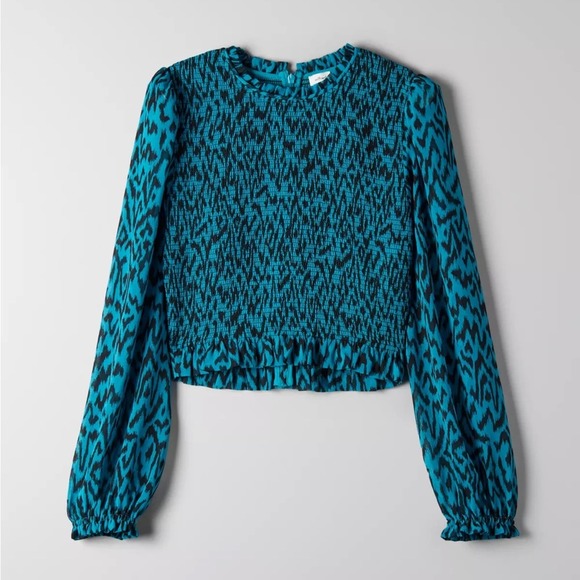 Aritzia Wilfred Lilith Animal Print Blouse Teal Blue Black S - Picture 7 of 10